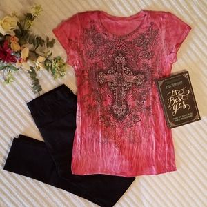 Faith Pink Bling Cross Top - Size Medium